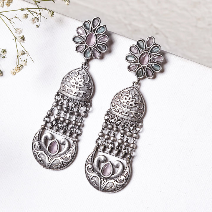 Teejh Bina Floral Pink &amp; Green Silver Oxidised Earrings