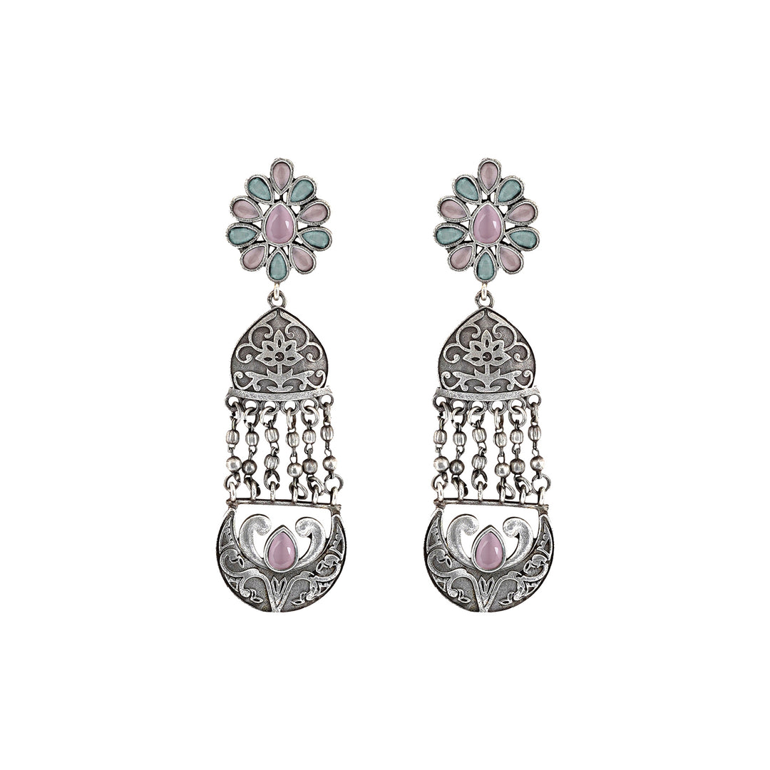 Teejh Bina Floral Pink &amp; Green Silver Oxidised Earrings