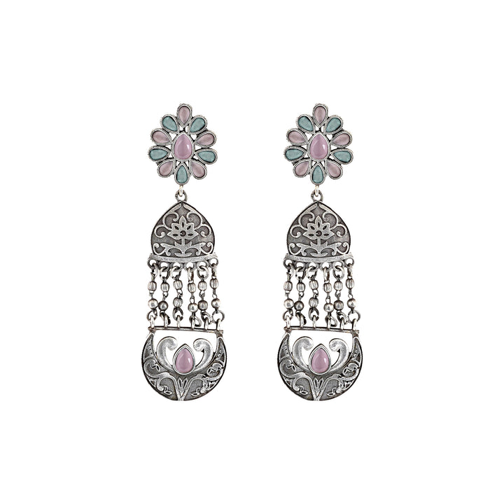 Teejh Bina Floral Pink &amp; Green Silver Oxidised Earrings
