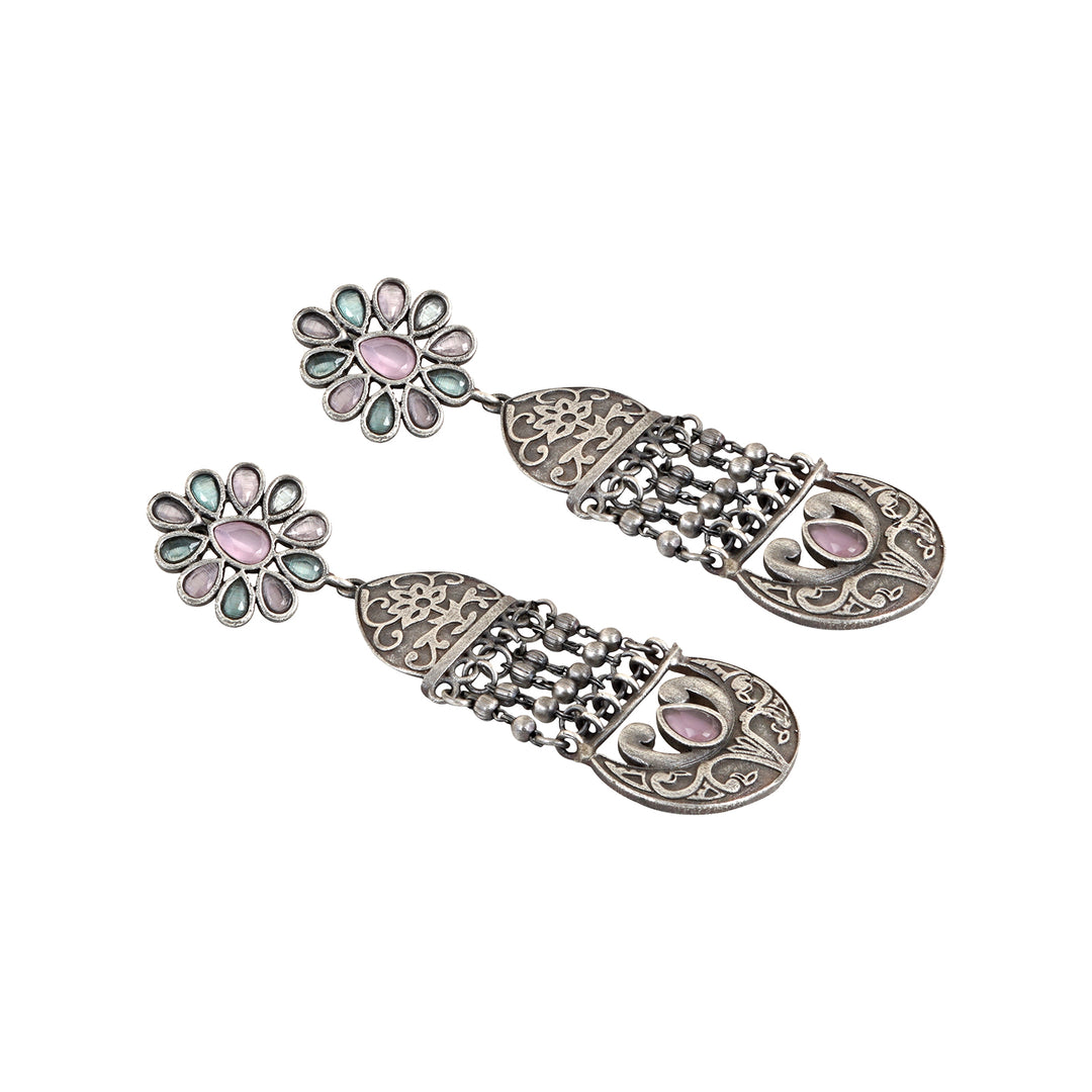 Teejh Bina Floral Pink &amp; Green Silver Oxidised Earrings