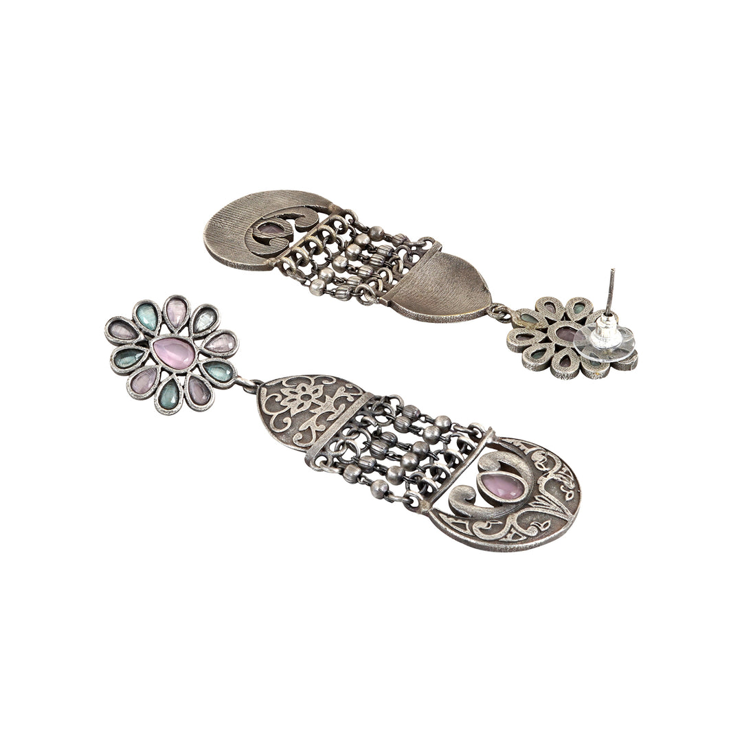 Teejh Bina Floral Pink &amp; Green Silver Oxidised Earrings
