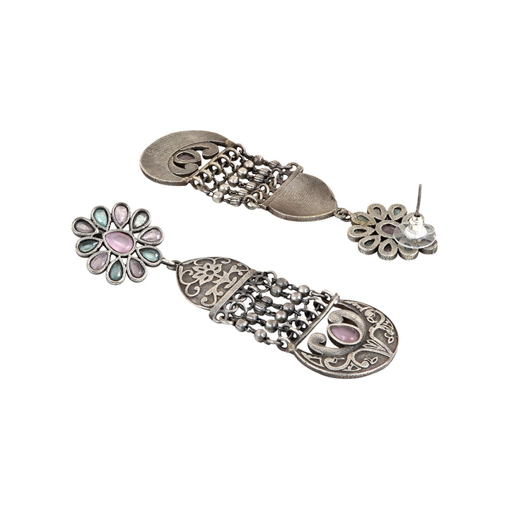 Teejh Bina Floral Pink &amp; Green Silver Oxidised Earrings