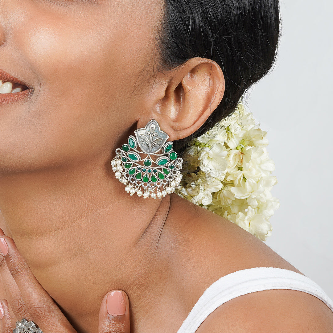 Teejh Nimrat Green Stone Silver Oxidised Earrings