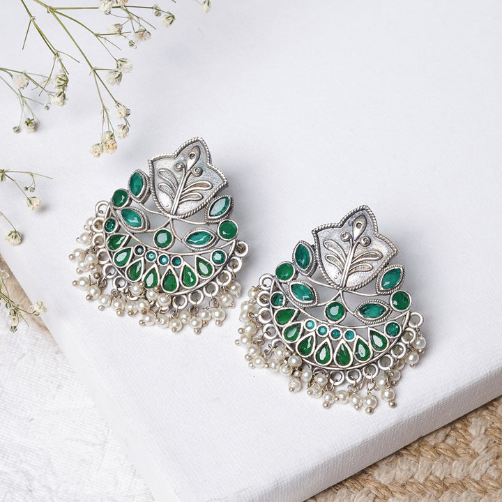 Teejh Nimrat Green Stone Silver Oxidised Earrings