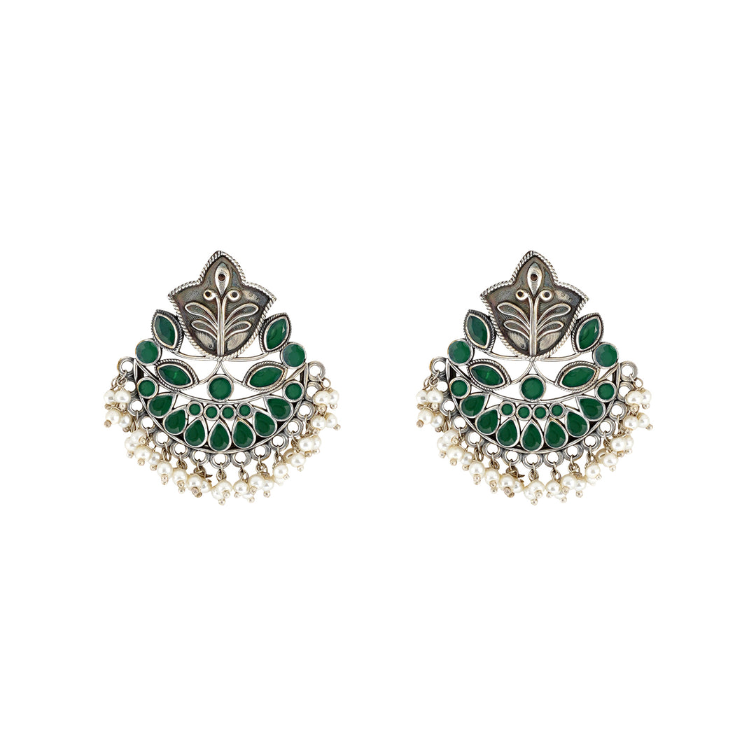 Teejh Nimrat Green Stone Silver Oxidised Earrings