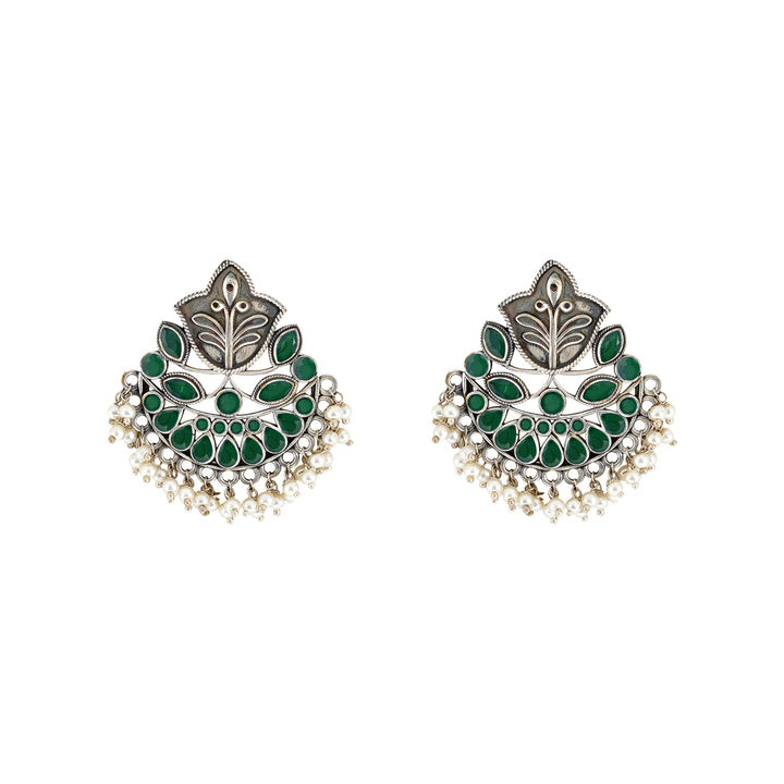 Teejh Nimrat Green Stone Silver Oxidised Earrings