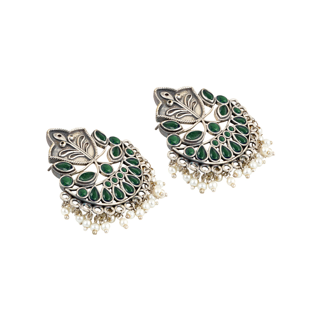 Teejh Nimrat Green Stone Silver Oxidised Earrings