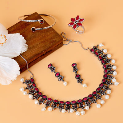 Rima Pink Silver Oxidized Jewelry Gift Set - Teejh