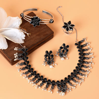 Maya  Black Silver Oxidized Jewelry Set - Teejh