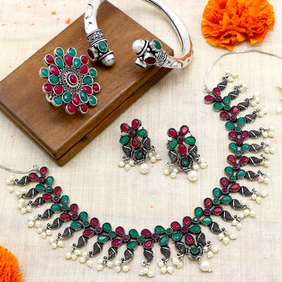 Teejh Mrigna Multicolor stone oxidized silver jewellery gift set - Teejh