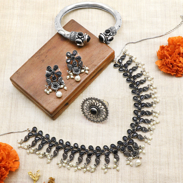 Teejh Zoya black stone silver oxidized jewellery gift set - Teejh