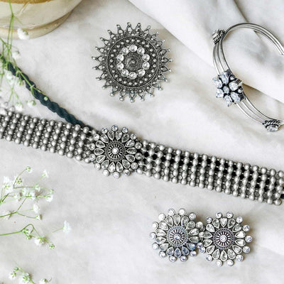 Teejh Zuri White stone silver oxidized jewellery gift set - Teejh
