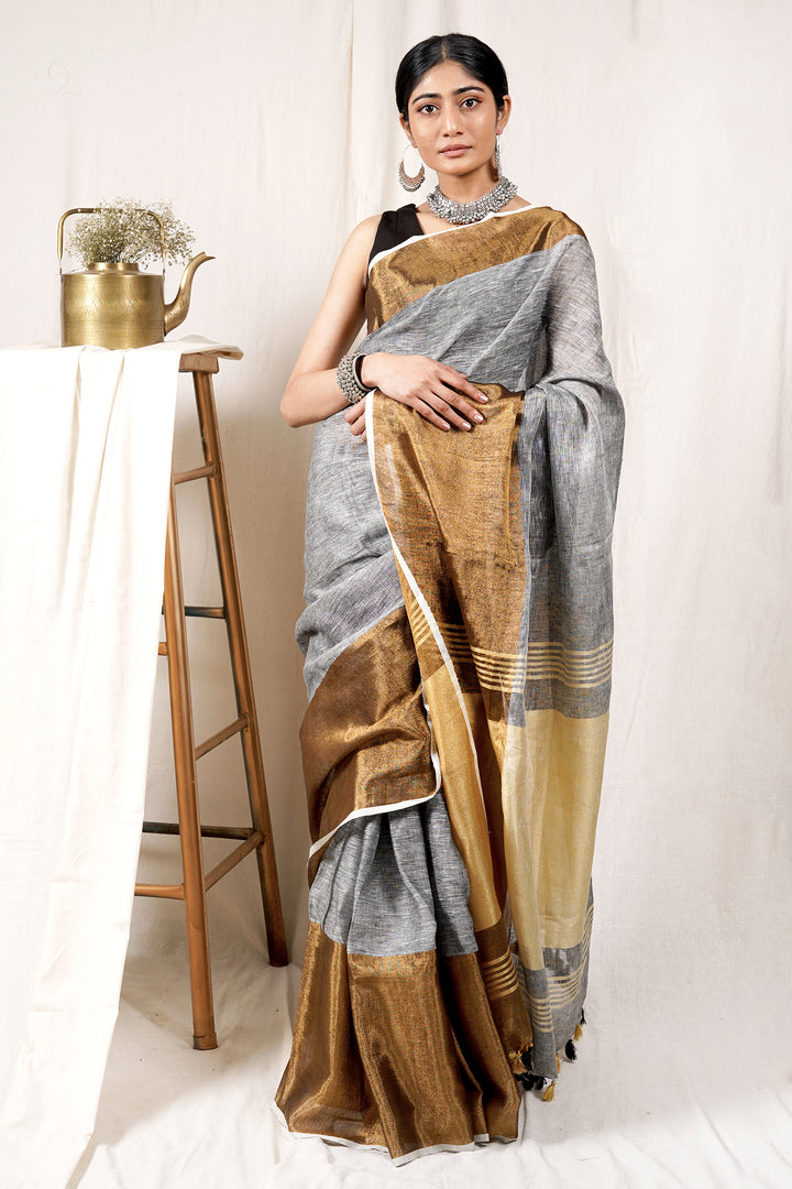 Teejh Mystic Golden Linen Mahapar Saree