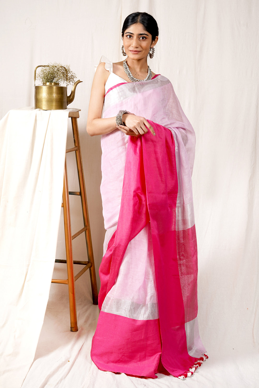 Teejh Pink Champagne Linen Mahapar Saree
