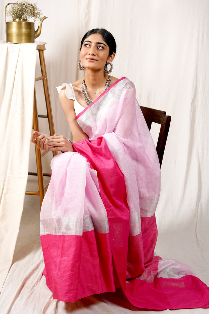 Teejh Pink Champagne Linen Mahapar Saree