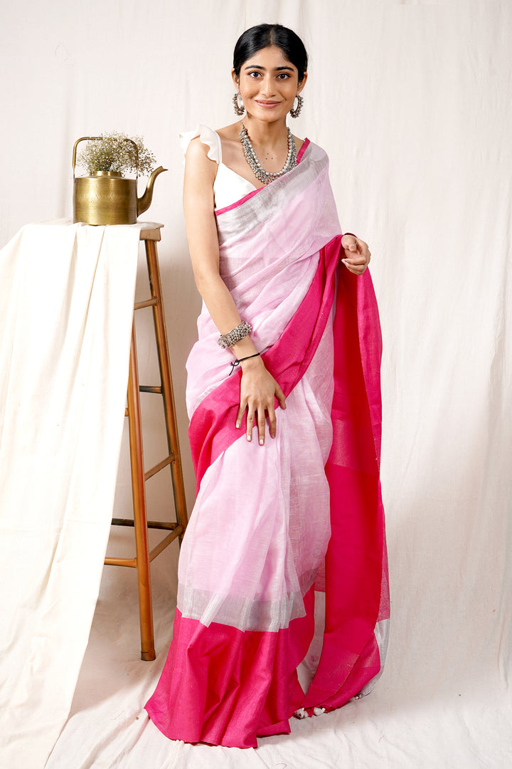 Teejh Pink Champagne Linen Mahapar Saree