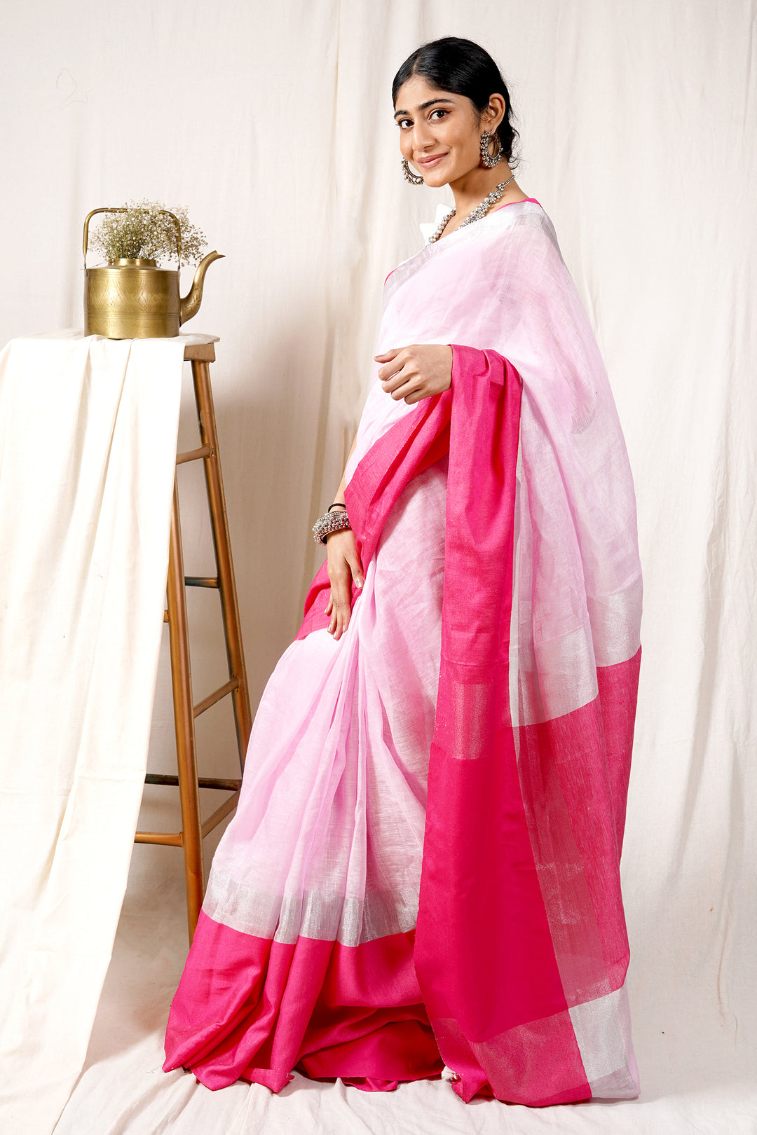 Teejh Pink Champagne Linen Mahapar Saree