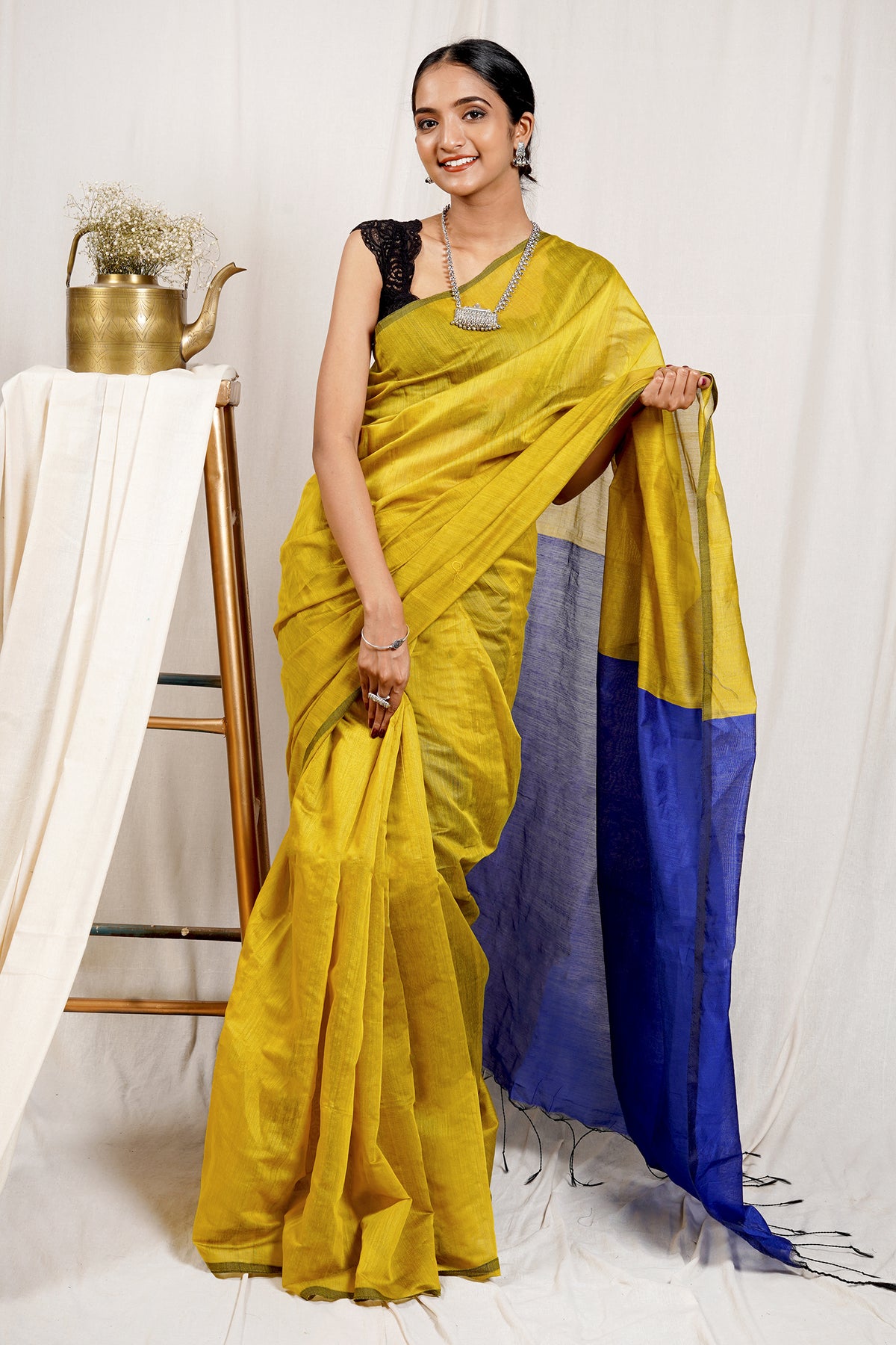 Buy Teejh Blue Olive Khadi Cotton Silk Saree Online Sarees for women