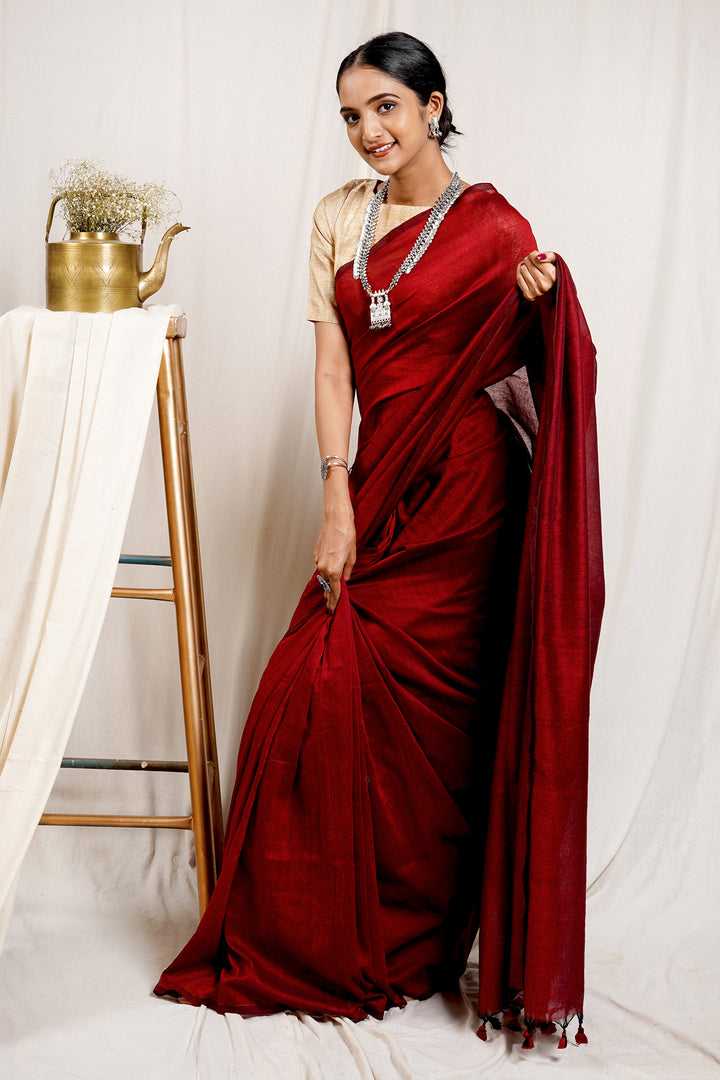 Teejh Salvia Red Mulmul Cotton Saree