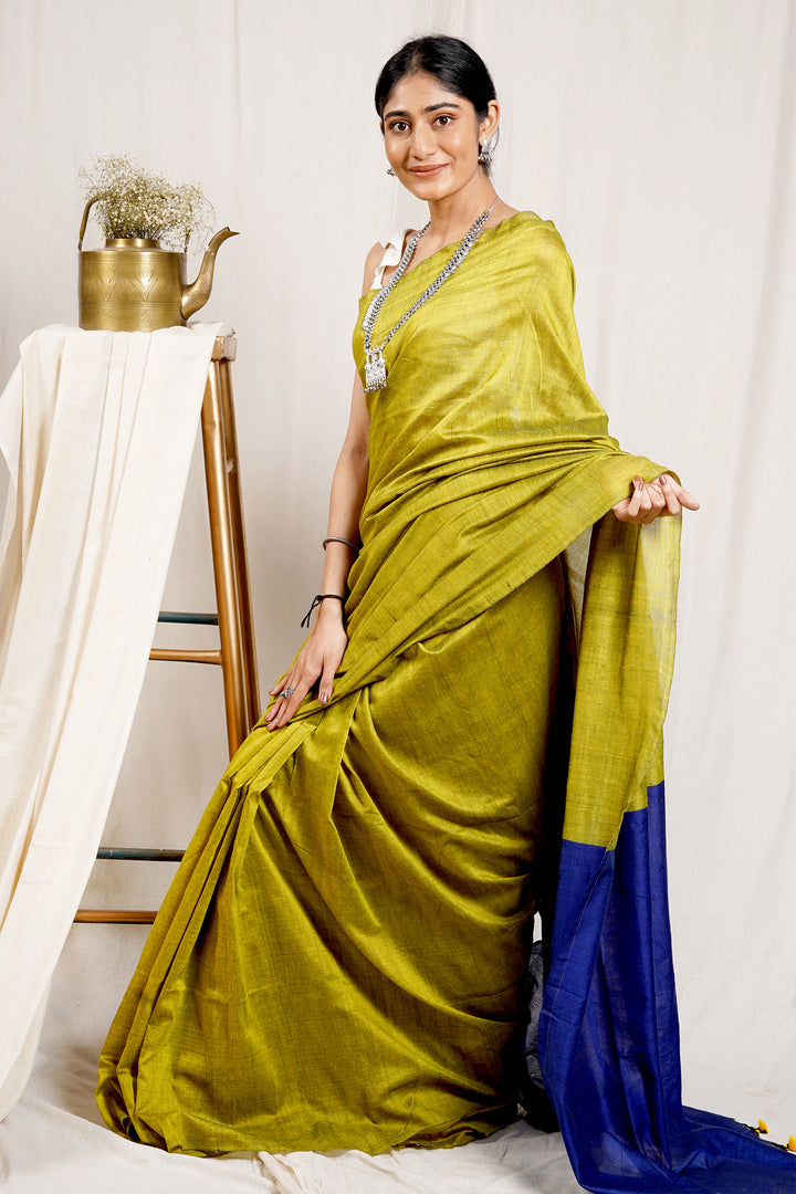 Teejh Parakeet Green and Blue Mulmul Cotton Saree