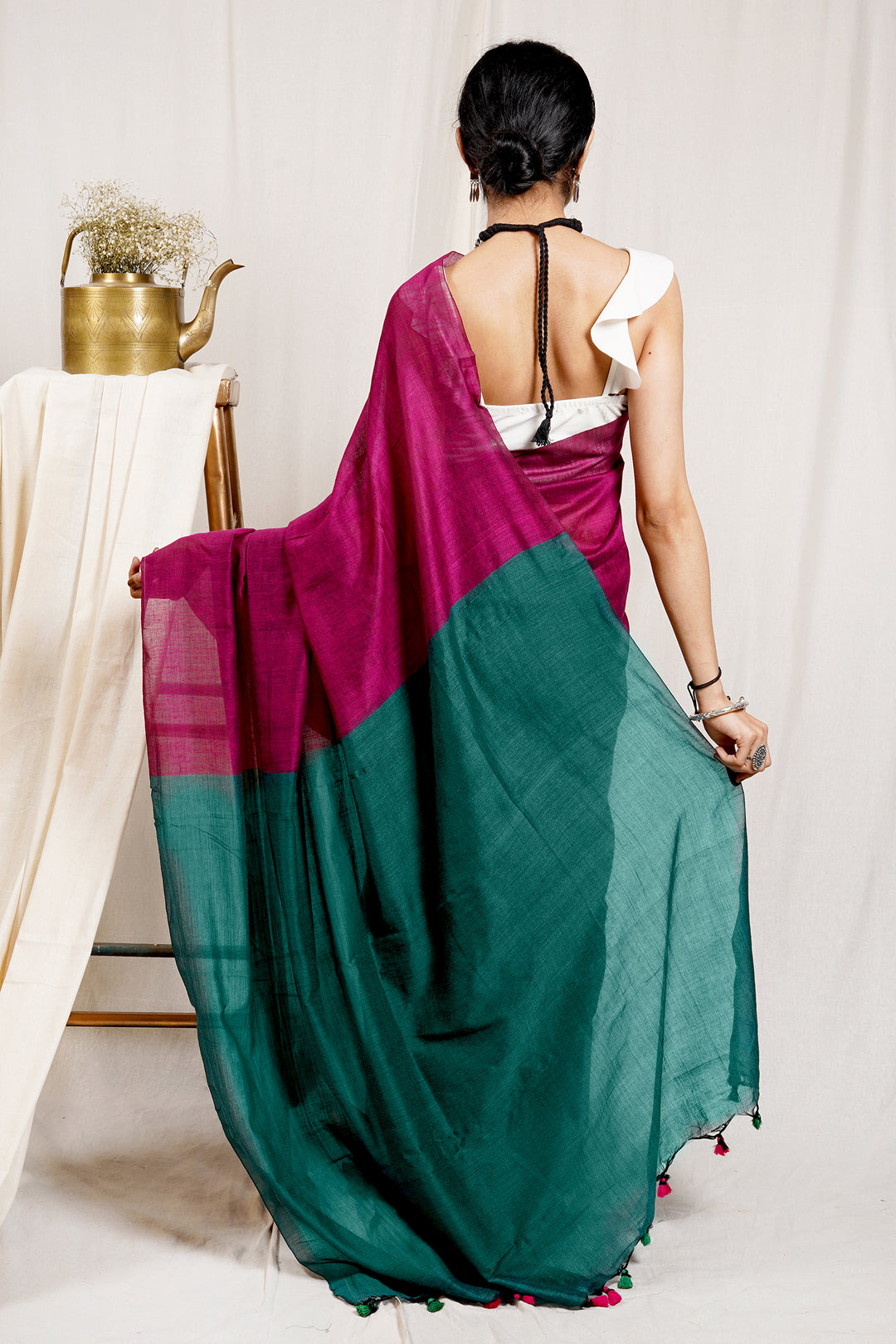 Teejh Carnation Pink and Green Mulmul Cotton Saree