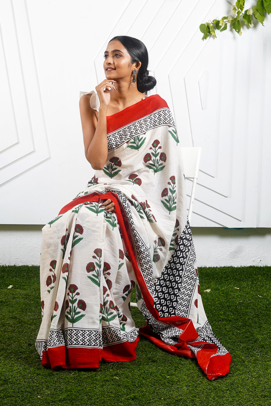 Teejh Poppy Beige and Red Hand Block Mulmul Cotton Saree