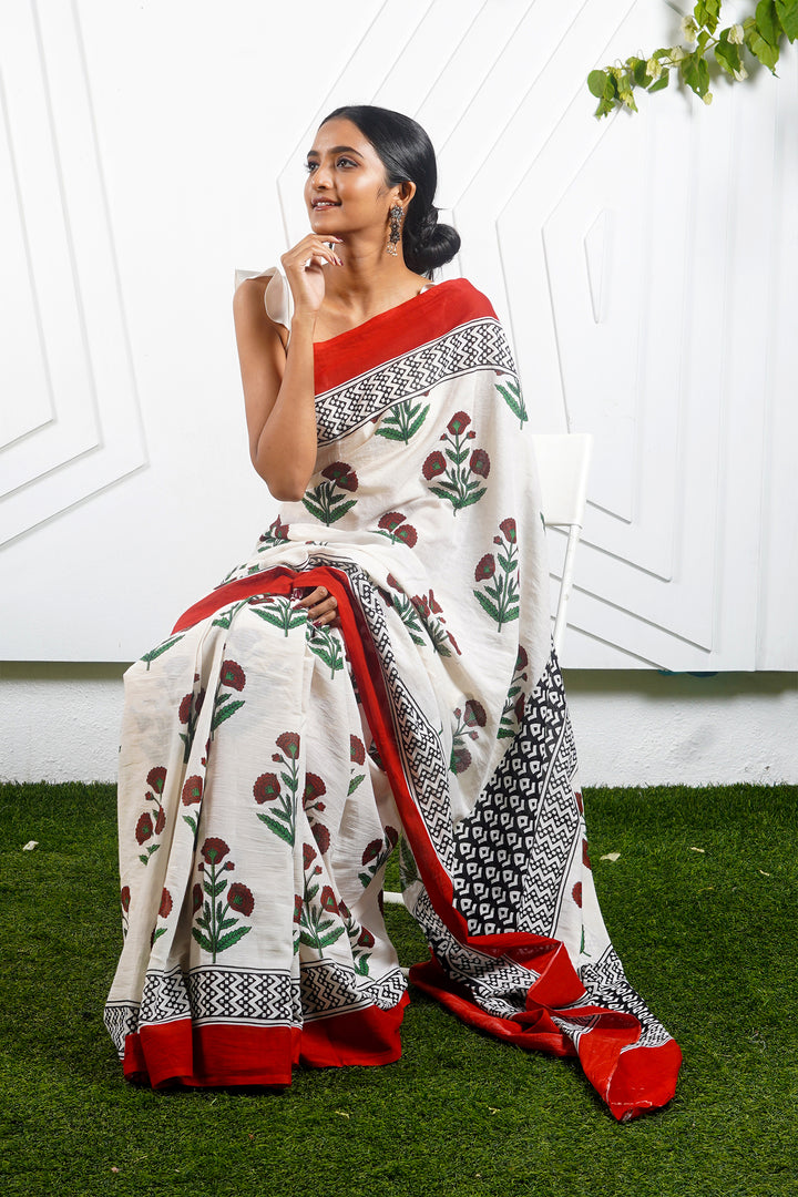 Teejh Poppy Beige and Red Hand Block Mulmul Cotton Saree