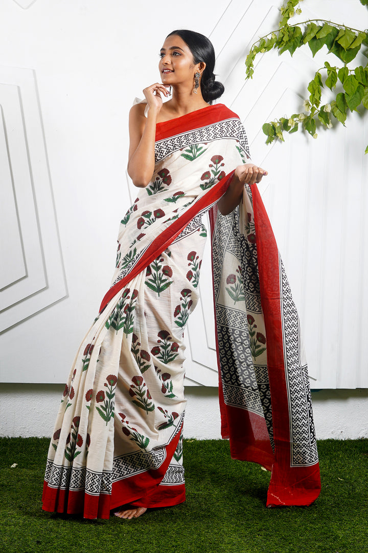 Teejh Poppy Beige and Red Hand Block Mulmul Cotton Saree
