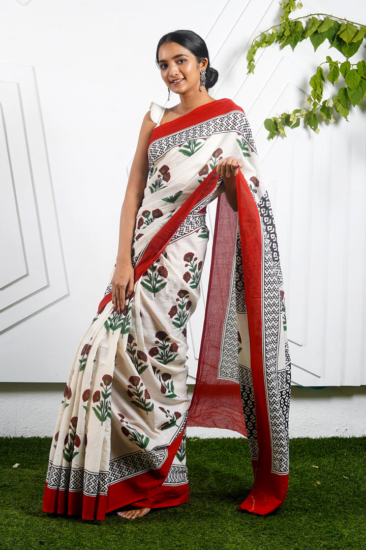 Teejh Poppy Beige and Red Hand Block Mulmul Cotton Saree