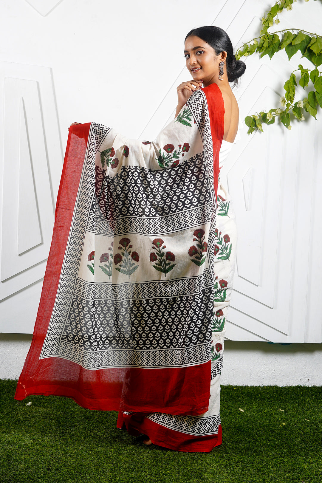 Teejh Poppy Beige and Red Hand Block Mulmul Cotton Saree