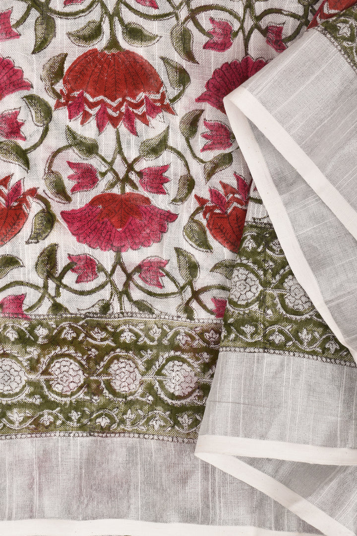 Teejh Aaria Pink and White Linen Hand Block Saree With Blouse Piece