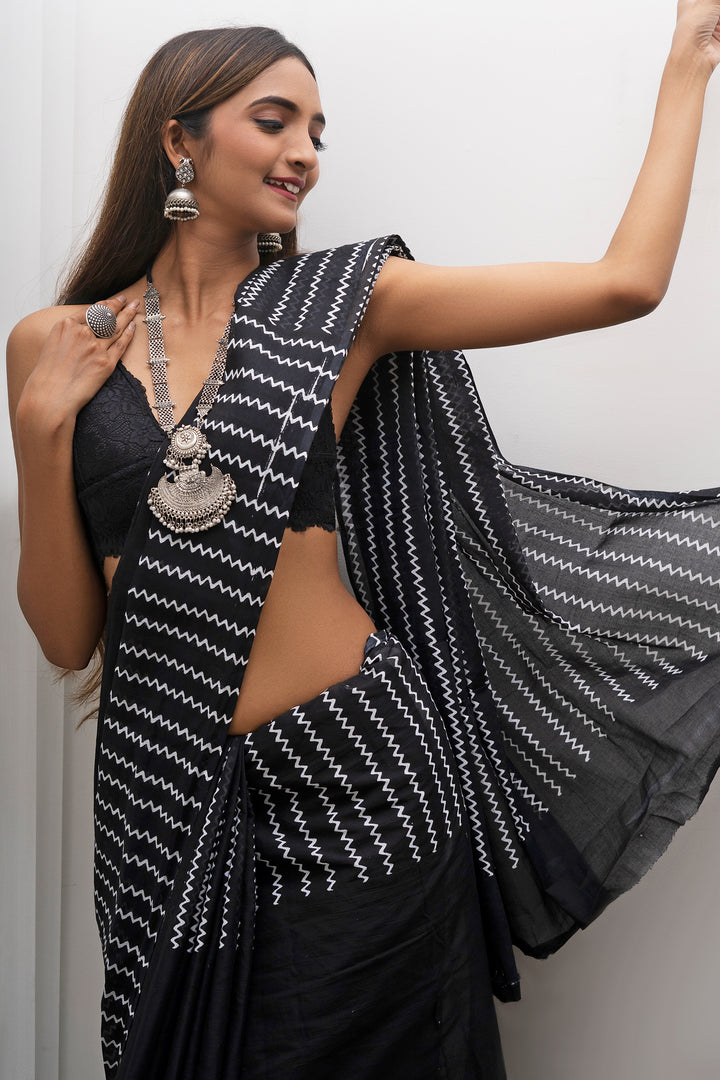 Teejh Urmika Black Block Print Cotton Saree With Blouse Piece
