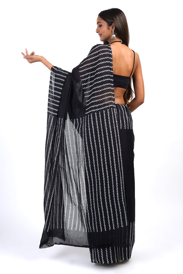 Teejh Urmika Black Block Print Cotton Saree With Blouse Piece