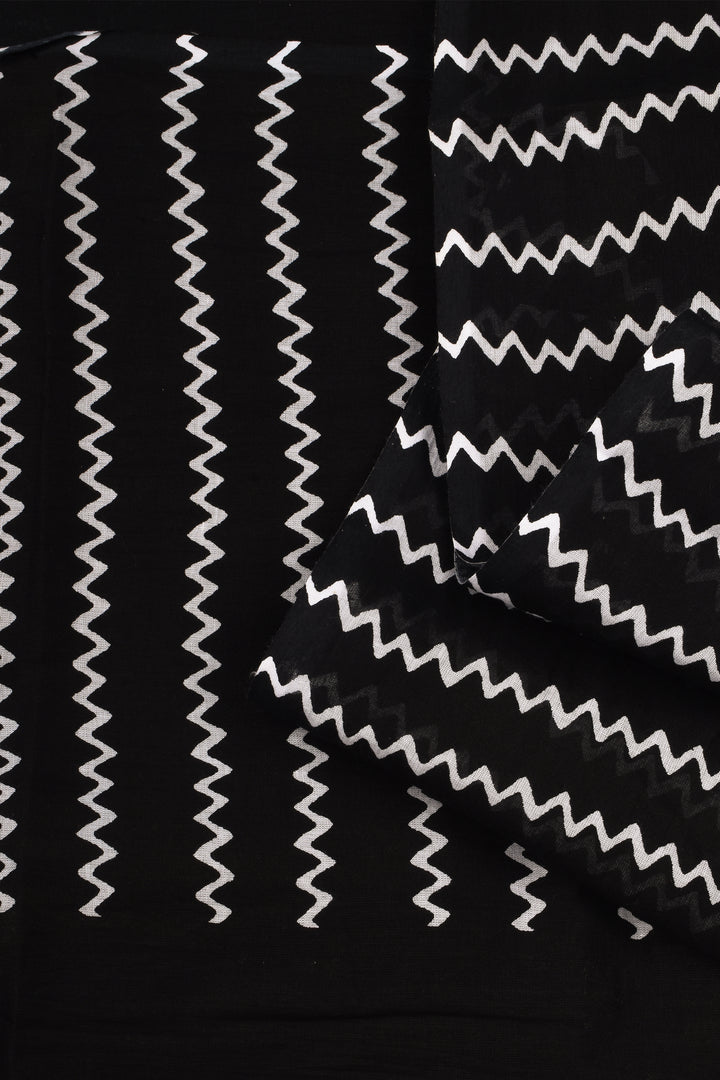 Teejh Urmika Black Block Print Cotton Saree With Blouse Piece