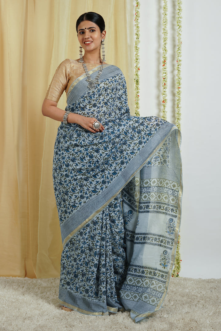 Teejh Chhaya Light Blue Block Print Chanderi Cotton Saree With Blouse Piece