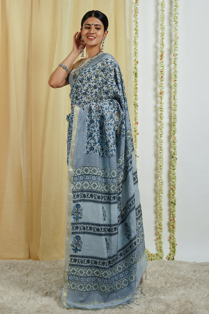 Teejh Chhaya Light Blue Block Print Chanderi Cotton Saree With Blouse Piece