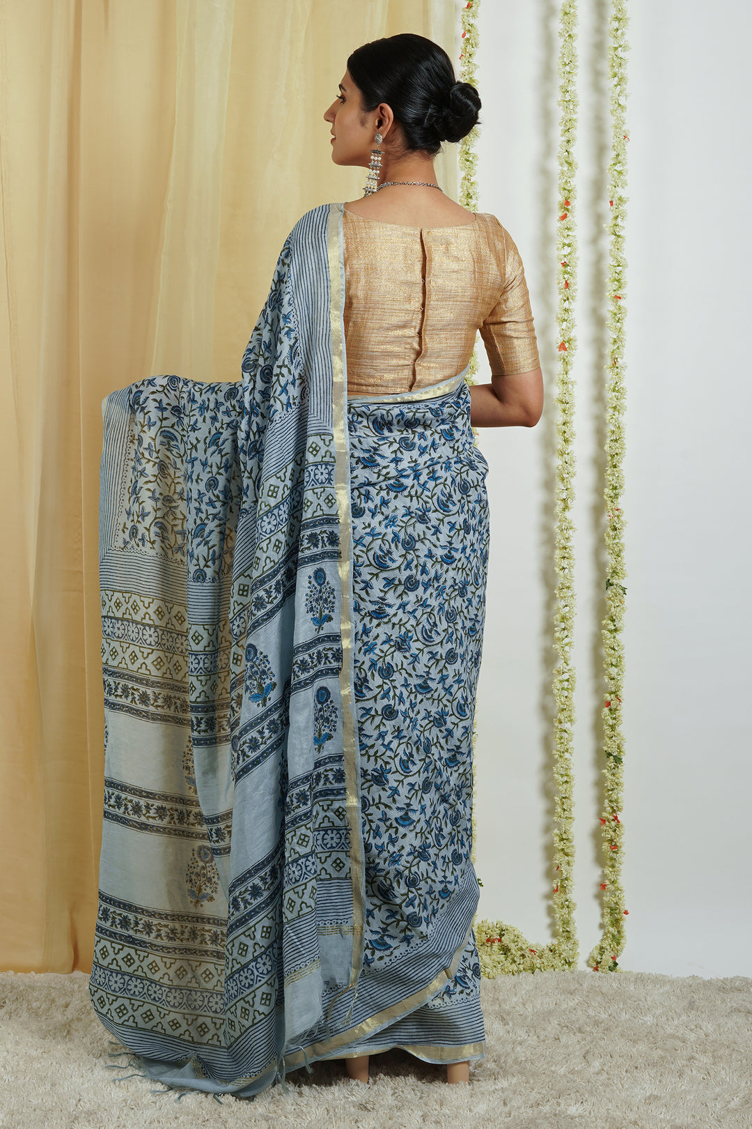 Teejh Chhaya Light Blue Block Print Chanderi Cotton Saree With Blouse Piece
