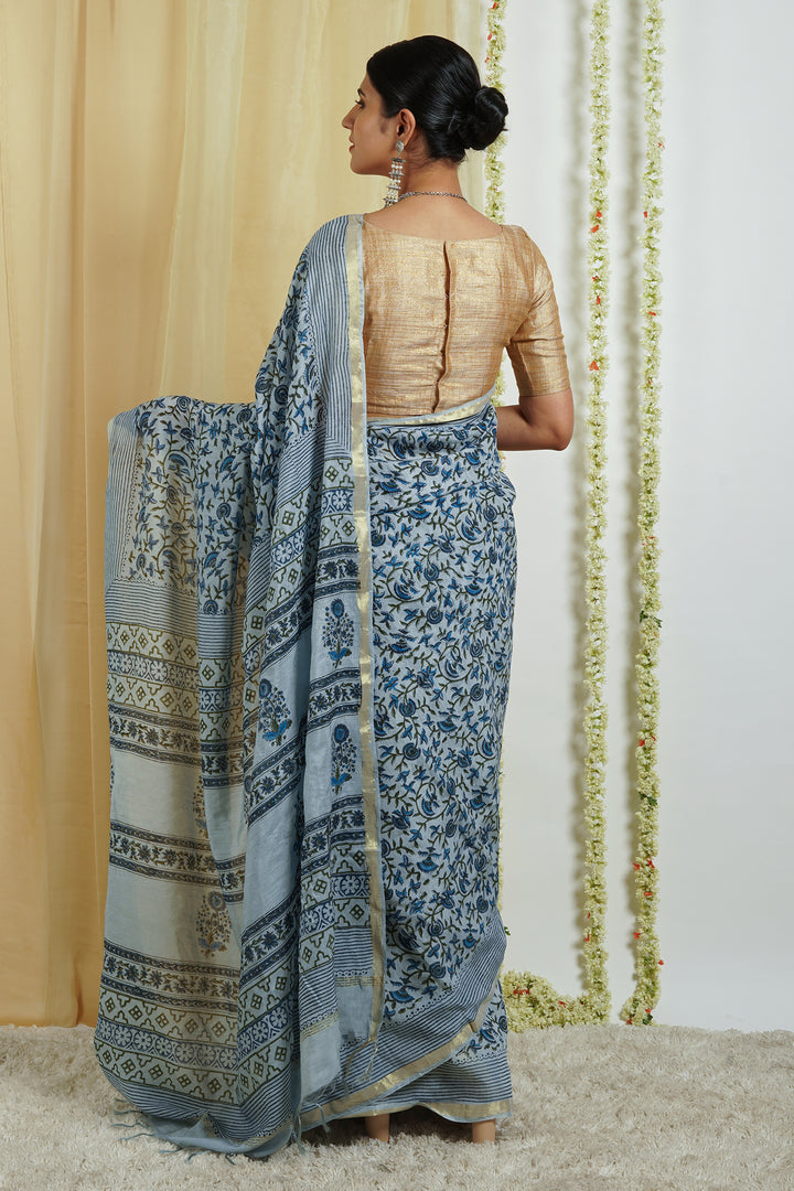 Teejh Chhaya Light Blue Block Print Chanderi Cotton Saree With Blouse Piece