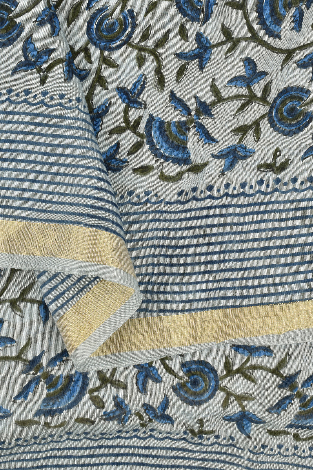 Teejh Chhaya Light Blue Block Print Chanderi Cotton Saree With Blouse Piece