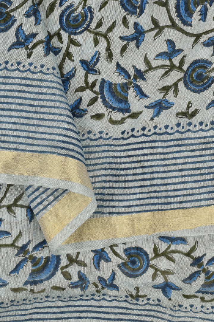 Teejh Chhaya Light Blue Block Print Chanderi Cotton Saree With Blouse Piece