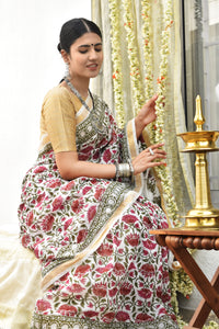 Teejh Vyakhya White and Pink Block Print Chanderi Cotton Saree With Blouse Piece