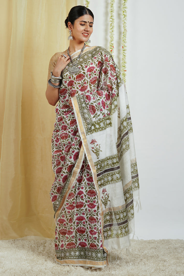 Teejh Vyakhya White and Pink Block Print Chanderi Cotton Saree With Blouse Piece