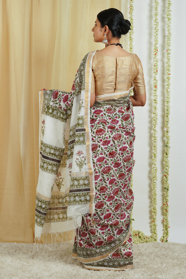 Teejh Vyakhya White and Pink Block Print Chanderi Cotton Saree With Blouse Piece