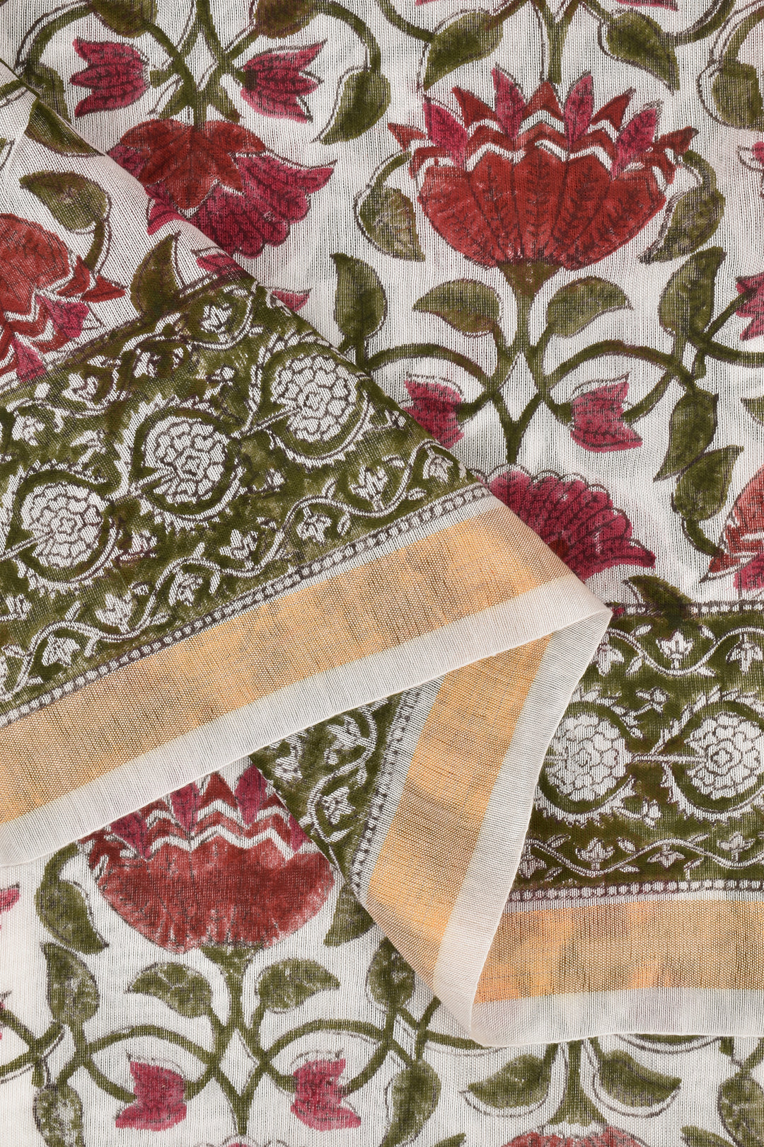 Teejh Vyakhya White and Pink Block Print Chanderi Cotton Saree With Blouse Piece