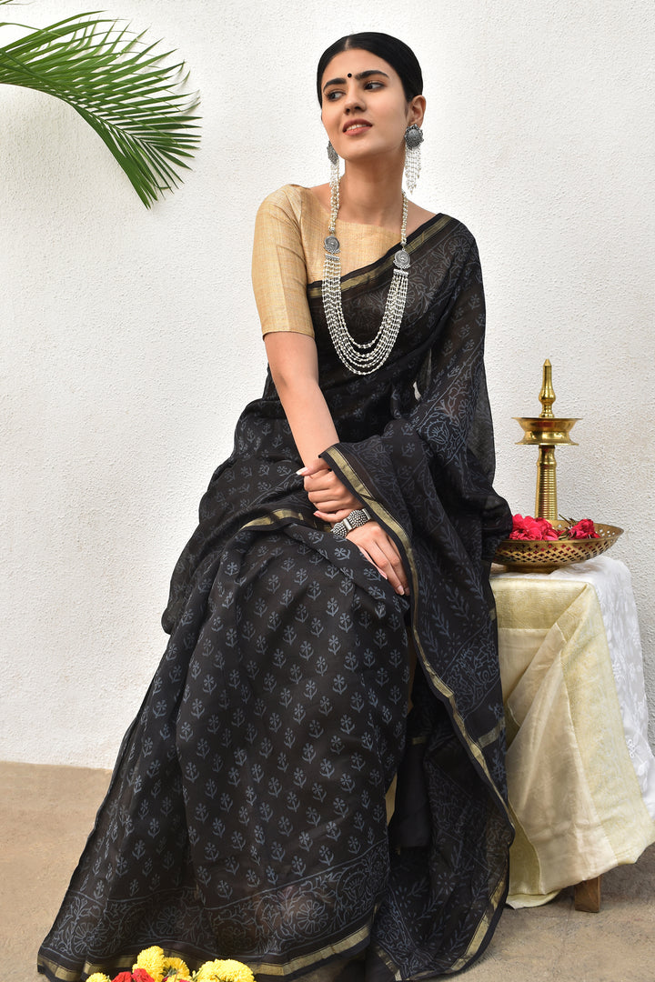 Teejh Nyra Black Block Print Chanderi Silk Saree With Blouse Piece
