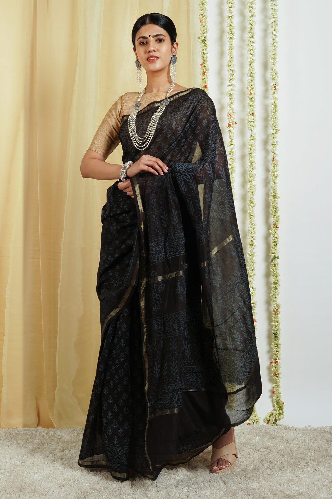 Teejh Nyra Black Block Print Chanderi Silk Saree With Blouse Piece