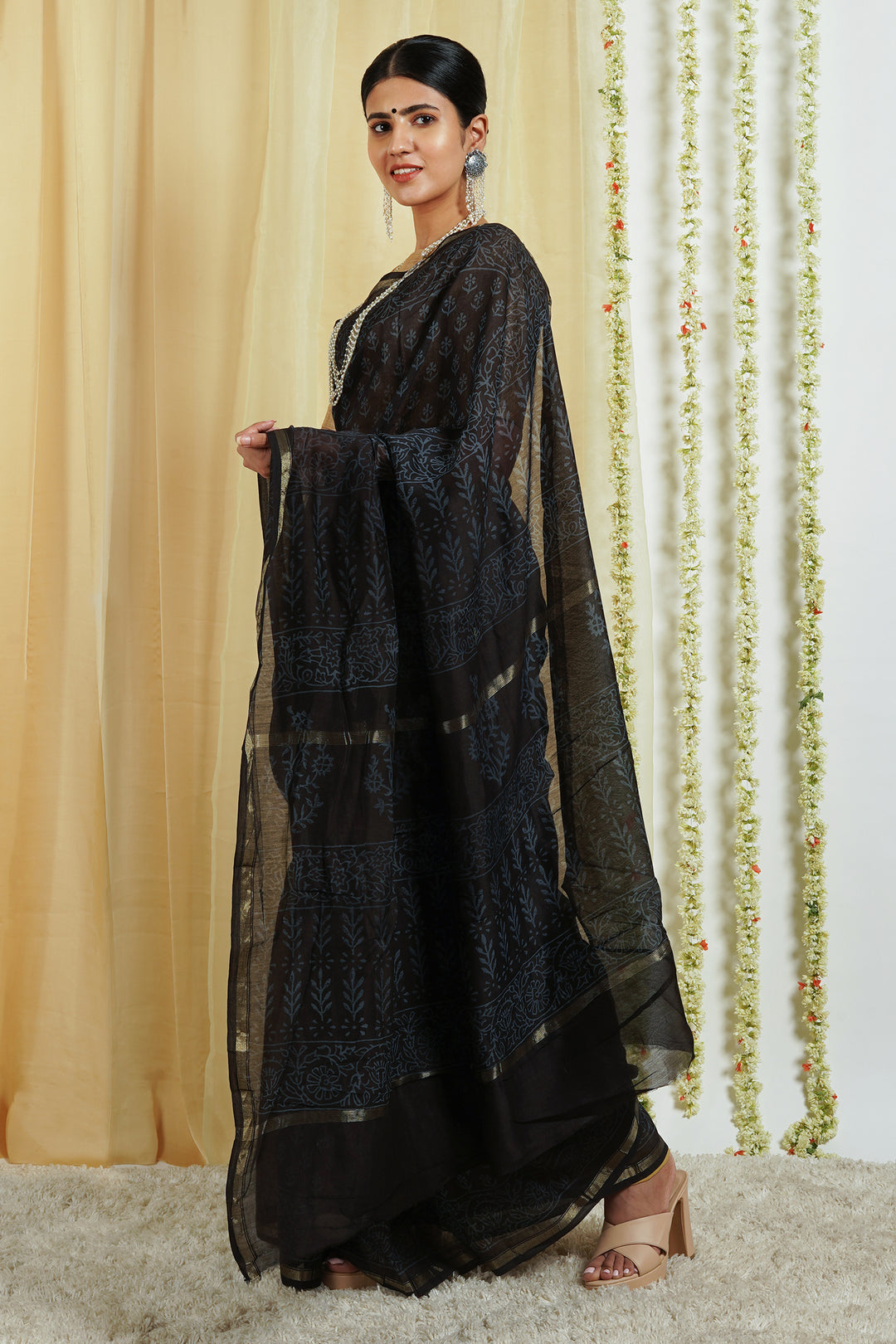 Teejh Nyra Black Block Print Chanderi Silk Saree With Blouse Piece