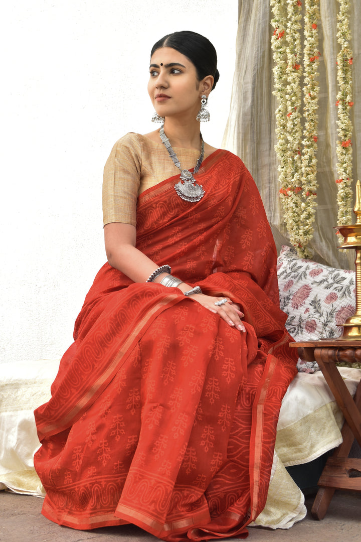 Teejh Trinetra Red Block Print Chanderi Silk Saree With Blouse Piece