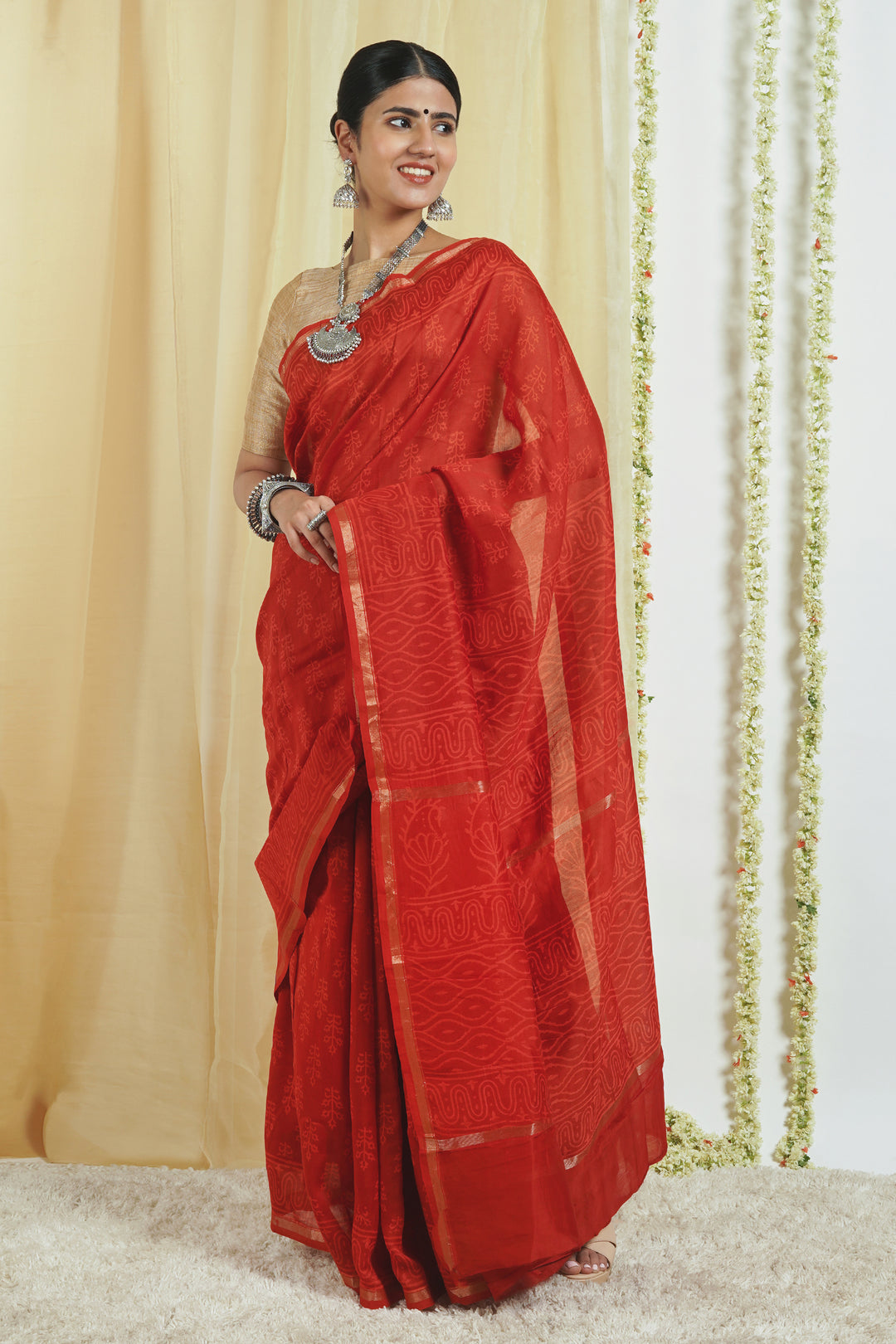 Teejh Trinetra Red Block Print Chanderi Silk Saree With Blouse Piece