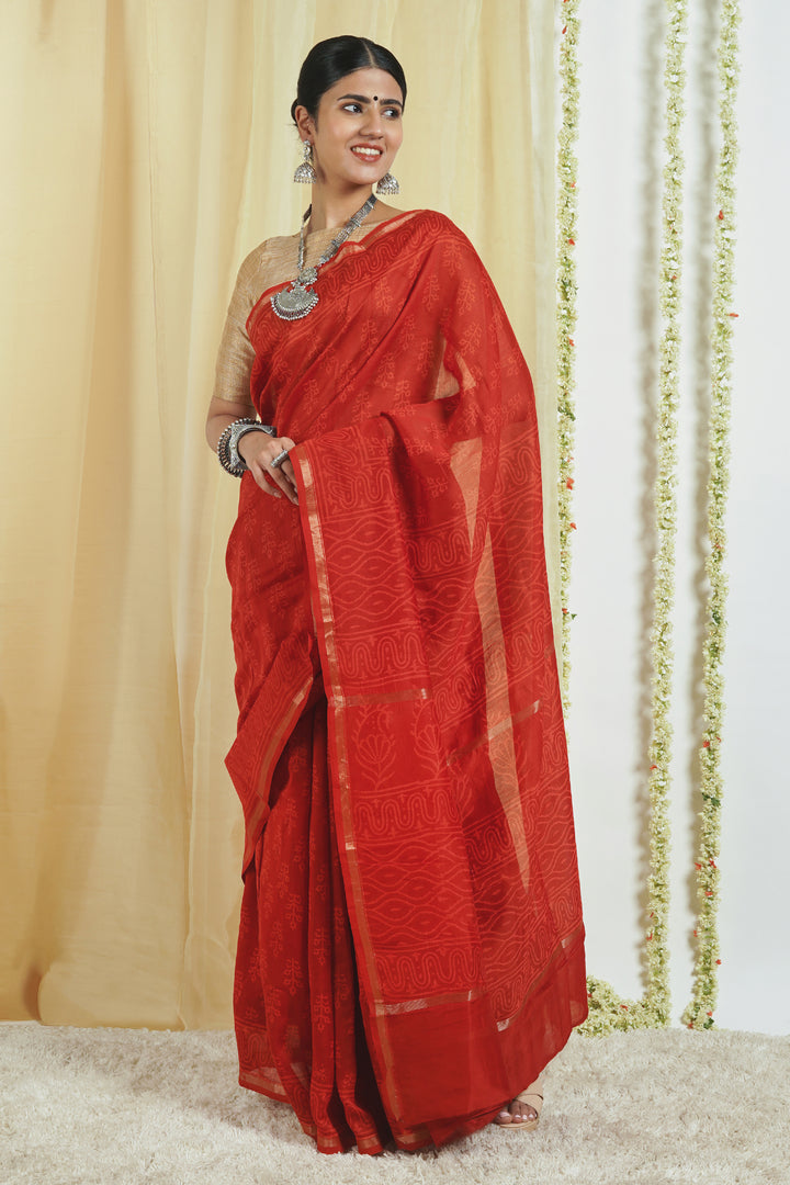 Teejh Trinetra Red Block Print Chanderi Silk Saree With Blouse Piece